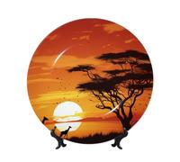 LZQPOEAS Bone China Decorative Plate with Display Stand, Funny African Sunset Ceramic Decorative Plate Personalized Ceramic Ornament Round Dinner Plates Art Crafts for Wall Hanging Decoration 10in
