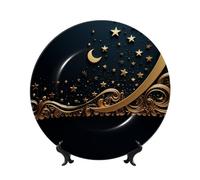 LZQPOEAS Bone China Decorative Plate with Display Stand, Golden background and crescent moon Ceramic Decorative Plate Personalized Ceramic Ornament Round Dinner Plates Art Crafts 7in