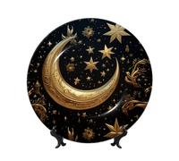 LZQPOEAS Bone China Decorative Plate with Display Stand, Golden stars and moon Ceramic Decorative Plate Personalized Ceramic Ornament Round Dinner Plates Art Crafts for Wall Hanging Decoration 7in