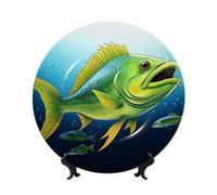 LZQPOEAS Bone China Decorative Plate with Display Stand, Green fish Ceramic Decorative Plate Personalized Ceramic Ornament Round Dinner Plates Art Crafts for Wall Hanging Decoration 7in