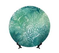 LZQPOEAS Bone China Decorative Plate with Display Stand, Green Sea Blue Seaweed Ceramic Decorative Plate Personalized Ceramic Ornament Round Dinner Plates Art Crafts for Wall Hanging Decoration 10in