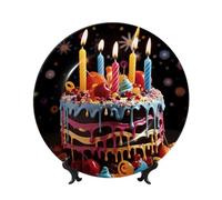 LZQPOEAS Bone China Decorative Plate with Display Stand, Happy Birthday Big Cake Ceramic Decorative Plate Personalized Ceramic Ornament Round Dinner Plates Art Crafts for Wall Hanging Decoration 8in