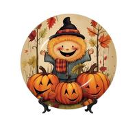 LZQPOEAS Bone China Decorative Plate with Display Stand, Happy Fall Ceramic Decorative Plate Personalized Ceramic Ornament Round Dinner Plates Art Crafts for Wall Hanging Decoration 7in