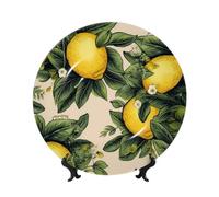 LZQPOEAS Bone China Decorative Plate with Display Stand, Lemon Ceramic Decorative Plate Personalized Ceramic Ornament Round Dinner Plates Art Crafts for Wall Hanging Decoration 8in