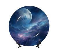 LZQPOEAS Bone China Decorative Plate with Display Stand, Nebula and Moon Ceramic Decorative Plate Personalized Ceramic Ornament Round Dinner Plates Art Crafts for Wall Hanging Decoration 10in