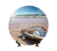 LZQPOEAS Bone China Decorative Plate with Display Stand, Ocean Beach Mussel Pearl Ceramic Decorative Plate Personalized Ceramic Ornament Round Dinner Plates Art Crafts for Wall Hanging Decoration 6in