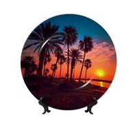 LZQPOEAS Bone China Decorative Plate with Display Stand, Palm Tree Sunset Ceramic Decorative Plate Personalized Ceramic Ornament Round Dinner Plates Art Crafts for Wall Hanging Decoration 8in