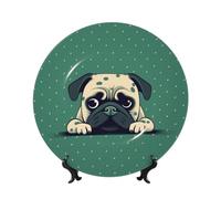 LZQPOEAS Bone China Decorative Plate with Display Stand, Pug Green Polka Dot Ceramic Decorative Plate Personalized Ceramic Ornament Round Dinner Plates Art Crafts for Wall Hanging Decoration 6in