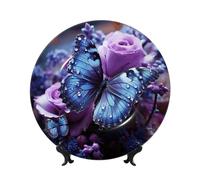LZQPOEAS Bone China Decorative Plate with Display Stand, Purple rose with beautiful butterfly Ceramic Decorative Plate Personalized Ceramic Ornament Round Dinner Plates Art Crafts 7in