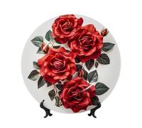 LZQPOEAS Bone China Decorative Plate with Display Stand, Red rose flower cluster Ceramic Decorative Plate Personalized Ceramic Ornament Round Dinner Plates Art Crafts for Wall Hanging Decoration 10in
