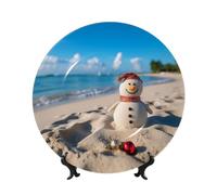 LZQPOEAS Bone China Decorative Plate with Display Stand, Sand Snowman on Beach Ceramic Decorative Plate Personalized Ceramic Ornament Round Dinner Plates Art Crafts for Wall Hanging Decoration 7in