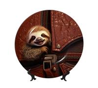 LZQPOEAS Bone China Decorative Plate with Display Stand, Sloth on zipper Ceramic Decorative Plate Personalized Ceramic Ornament Round Dinner Plates Art Crafts for Wall Hanging Decoration 7in