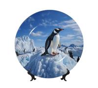LZQPOEAS Bone China Decorative Plate with Display Stand, Snow mountain penguin Ceramic Decorative Plate Personalized Ceramic Ornament Round Dinner Plates Art Crafts for Wall Hanging Decoration 7in