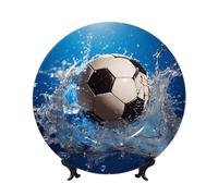 LZQPOEAS Bone China Decorative Plate with Display Stand, Soccer Ball Water Ceramic Decorative Plate Personalized Ceramic Ornament Round Dinner Plates Art Crafts for Wall Hanging Decoration 7in