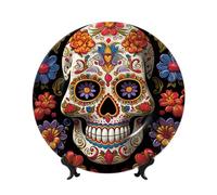 LZQPOEAS Bone China Decorative Plate with Display Stand, Sugar Skulls Ceramic Decorative Plate Personalized Ceramic Ornament Round Dinner Plates Art Crafts for Wall Hanging Decoration 7in