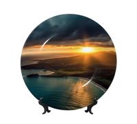 LZQPOEAS Bone China Decorative Plate with Display Stand, Sunrise Over Hawaii Ceramic Decorative Plate Personalized Ceramic Ornament Round Dinner Plates Art Crafts for Wall Hanging Decoration 7in