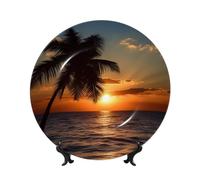 LZQPOEAS Bone China Decorative Plate with Display Stand, Sunset Palm Tree Ocean Ceramic Decorative Plate Personalized Ceramic Ornament Round Dinner Plates Art Crafts for Wall Hanging Decoration 10in