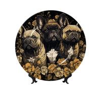 LZQPOEAS Bone China Decorative Plate with Display Stand, Three French Bulldogs Ceramic Decorative Plate Personalized Ceramic Ornament Round Dinner Plates Art Crafts for Wall Hanging Decoration 8in