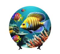 LZQPOEAS Bone China Decorative Plate with Display Stand, Tropical Fish Ceramic Decorative Plate Personalized Ceramic Ornament Round Dinner Plates Art Crafts for Wall Hanging Decoration 10in