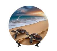 LZQPOEAS Bone China Decorative Plate with Display Stand, Turtles on the beach Ceramic Decorative Plate Personalized Ceramic Ornament Round Dinner Plates Art Crafts for Wall Hanging Decoration 10in