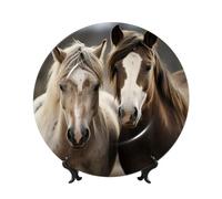 LZQPOEAS Bone China Decorative Plate with Display Stand, Two horses Ceramic Decorative Plate Personalized Ceramic Ornament Round Dinner Plates Art Crafts for Wall Hanging Decoration 6in