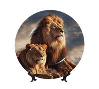 LZQPOEAS Bone China Decorative Plate with Display Stand, two lions Ceramic Decorative Plate Personalized Ceramic Ornament Round Dinner Plates Art Crafts for Wall Hanging Decoration 6in