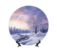LZQPOEAS Bone China Decorative Plate with Display Stand, Winter Landscape Ceramic Decorative Plate Personalized Ceramic Ornament Round Dinner Plates Art Crafts for Wall Hanging Decoration 7in