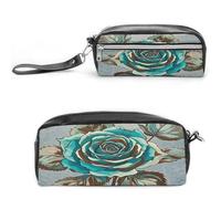 LZQPOEAS Brown Teal Turquoise Rose Pen Case Cosmetic Makeup Bag PU Leather Cosmetic Pencil Bags Small Soft Makeup Pouch with Zipper Waterproof Makeup Brush Holder for Women Men Office