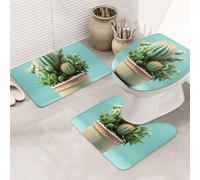 LZQPOEAS Cactus Flower Pot Print Bathroom Rug Set 3 Piece Includes Non Slip Bath Mat, Contour Mat and Toilet Lid Cover Ultra Soft Microfiber Bathroom Floor Mats Set