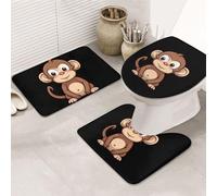 LZQPOEAS Cartoon Brown Monkey Print Bathroom Rug Set 3 Piece Includes Non Slip Bath Mat, Contour Mat and Toilet Lid Cover Ultra Soft Microfiber Bathroom Floor Mats Set