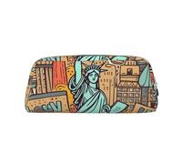 LZQPOEAS Cartoon Cute New York American Theme Art Pencil Case Leather Pen Bag Travel Makeup Bag Zipper Organizer Bag for Women Men