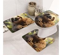 LZQPOEAS Cartoon Sloth Print Bathroom Rug Set 3 Piece Includes Non Slip Bath Mat, Contour Mat and Toilet Lid Cover Ultra Soft Microfiber Bathroom Floor Mats Set