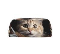 LZQPOEAS Cat peeks out of zippered leather pocket Pencil Case Leather Pen Bag Travel Makeup Bag Zipper Organizer Bag for Women Men