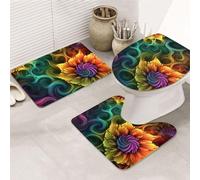 LZQPOEAS Colored Flower Print Bathroom Rug Set 3 Piece Includes Non Slip Bath Mat, Contour Mat and Toilet Lid Cover Ultra Soft Microfiber Bathroom Floor Mats Set