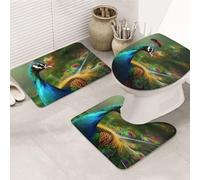 LZQPOEAS Colorful Peacock Print Bathroom Rug Set 3 Piece Includes Non Slip Bath Mat, Contour Mat and Toilet Lid Cover Ultra Soft Microfiber Bathroom Floor Mats Set