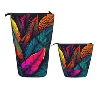 LZQPOEAS Colorful tropical leaves pattern Pencil Case Telescopic Pen Pouch Standing Pencil Bag Pop Up Pencil Holder With Zipper Travel Coin Pouch Purse Portable Makeup Bag for Office Holiday Gift