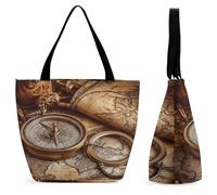 LZQPOEAS Compass And Old World Map Tote Bag for Women Lightweight Casual Shoulder Bag Reusable Grocery Shopping Bag Large Capacity Everyday Handbag for Travel Work Gym Office Daily Use