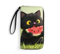 LZQPOEAS Cute Black Cat Eating Watermelon Clutch Wallet, Small Exquisite PU Leather Long Purse Gift for Friends, Zipper Coin Pocket with Patterns, Wristlet Bag for Daily Use