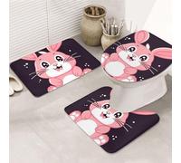 LZQPOEAS Cute Cartoon Rabbit Print Bathroom Rug Set 3 Piece Includes Non Slip Bath Mat, Contour Mat and Toilet Lid Cover Ultra Soft Microfiber Bathroom Floor Mats Set