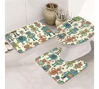 LZQPOEAS Cute Cartoon Robots Print Bathroom Rug Set 3 Piece Includes Non Slip Bath Mat, Contour Mat and Toilet Lid Cover Ultra Soft Microfiber Bathroom Floor Mats Set