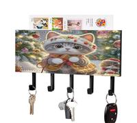 LZQPOEAS Cute Cat Sing Christmas Carols Key Holder Wall Mount with Mail Organizer Fashion Adhesive Key Hanger with 5 Hooks No Drill PU Leather Key Organizer Rack for Entryway Kitchen Hallway Decor