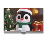 LZQPOEAS Cute Christmas Penguin Business Card Holder, Personalized Metal Name Card Case, Portable Pocket Card Organizer with Buckle Closure, Professional Business Card Container for Office