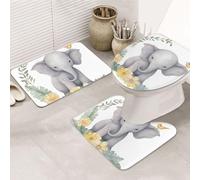 LZQPOEAS Cute Elephant with Wreath and Little Duck Print Bathroom Rug Set 3 Piece Includes Non Slip Bath Mat, Contour Mat and Toilet Lid Cover Ultra Soft Microfiber Bathroom Floor Mats Set