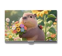 LZQPOEAS Cute Flower Capybara Business Card Holder, Personalized Metal Name Card Case, Portable Pocket Card Organizer with Buckle Closure, Professional Business Card Container for Office