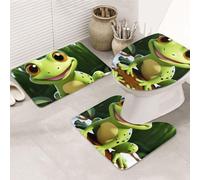 LZQPOEAS Cute Frog Print Bathroom Rug Set 3 Piece Includes Non Slip Bath Mat, Contour Mat and Toilet Lid Cover Ultra Soft Microfiber Bathroom Floor Mats Set