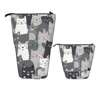 LZQPOEAS Cute Funny Grey Cats Pattern Pencil Case Telescopic Pen Pouch Standing Pencil Bag Pop Up Pencil Holder With Zipper Travel Coin Pouch Purse Portable Makeup Bag for Office Holiday Gift