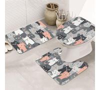 LZQPOEAS Cute Funny Grey Cats Pattern Print Bathroom Rug Set 3 Piece Includes Non Slip Bath Mat, Contour Mat and Toilet Lid Cover Ultra Soft Microfiber Bathroom Floor Mats Set