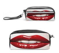 LZQPOEAS Cute Graphic Red Lips Pen Case Cosmetic Makeup Bag PU Leather Cosmetic Pencil Bags Small Soft Makeup Pouch with Zipper Waterproof Makeup Brush Holder for Women Men Office