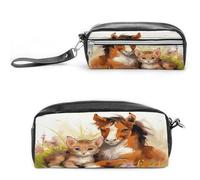 LZQPOEAS Cute Horse And Cat Pen Case Cosmetic Makeup Bag PU Leather Cosmetic Pencil Bags Small Soft Makeup Pouch with Zipper Waterproof Makeup Brush Holder for Women Men Office