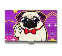 LZQPOEAS Cute Pug Dog Print Business Card Holder, Personalized Metal Name Card Case, Portable Pocket Card Organizer with Buckle Closure, Professional Business Card Container for Office